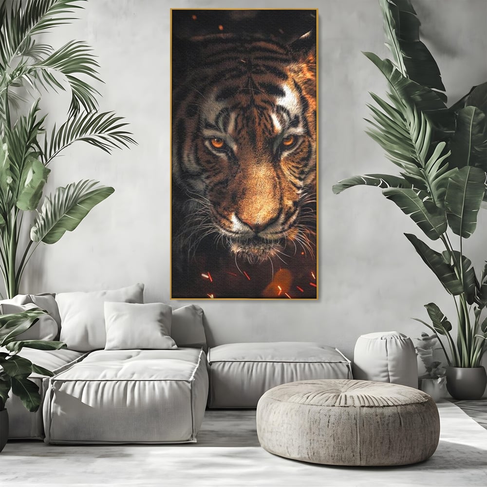 Tablou canvas cu tablou canvas cu cap de tigru si scantei, in rama de aluminiu auriu, pe perete intr-un living